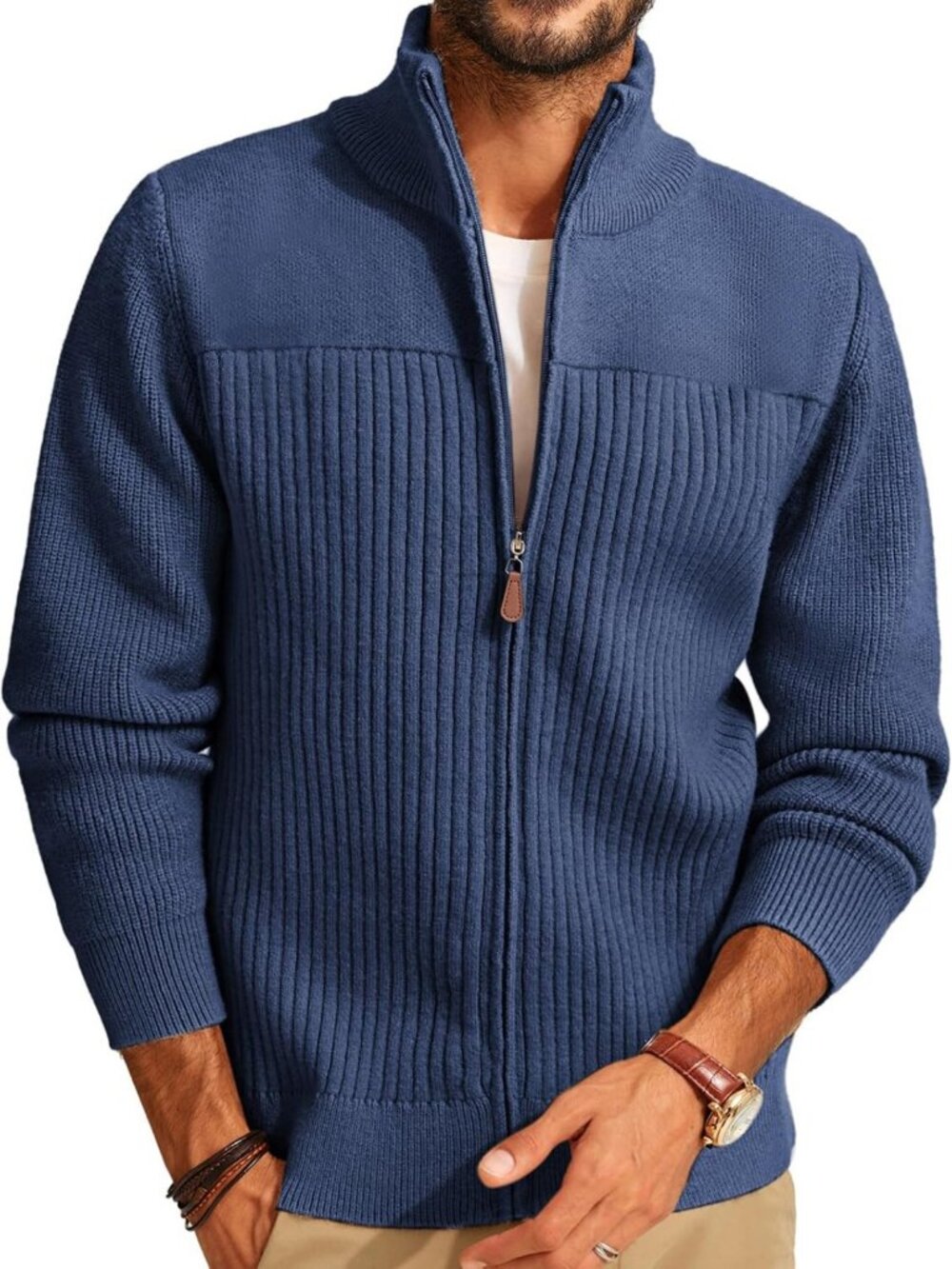 Men's Ribbed Knit Full Zip Cardigan Sweater - Stylish & Cozy Layering Piece